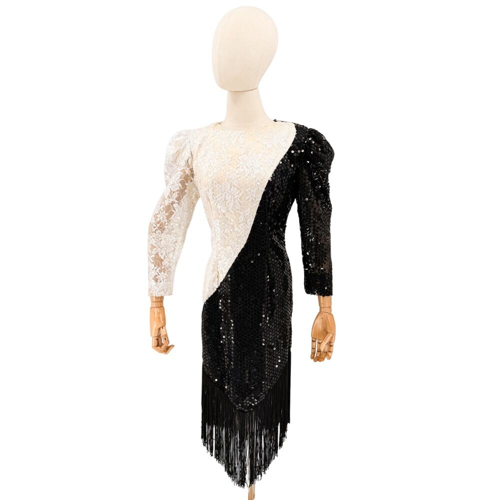 Vintage 80s Dave & Johnny Joseph Lara White Black Sequin Fringe Dress